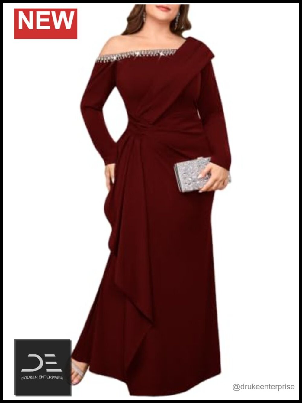 Plus Size One Shoulder Rhinestone Maxi Dress Long Sleeve Formal Gown